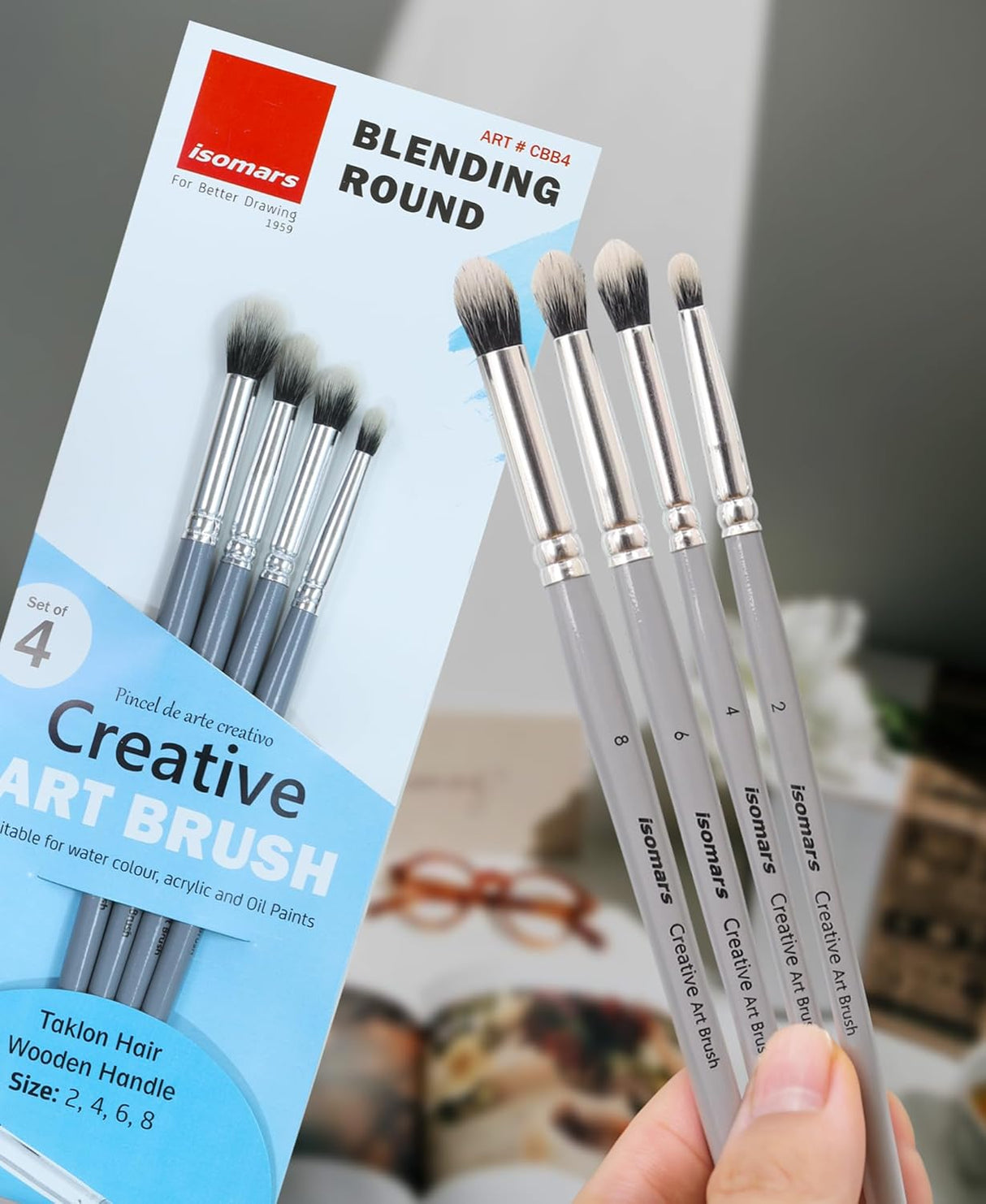 Isomars Professional Blending Brush Set of 4, Soft Bristles, Silver Metal Ferrule, Smooth Grey Handle | Suitable for Watercolor, Gouache, Acrylic, Ink & Oil Painting (Sizes: 2, 4, 6, and 8)