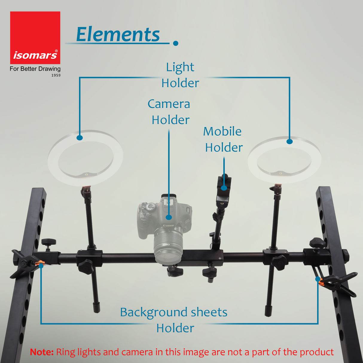 ISOMARS Photography Stand for Overhead Photos & Videos with Camera & Smartphone. Adjust at 10 Different Height. Two Light Holder and Bracket & Clips for Holding Background Sheets.