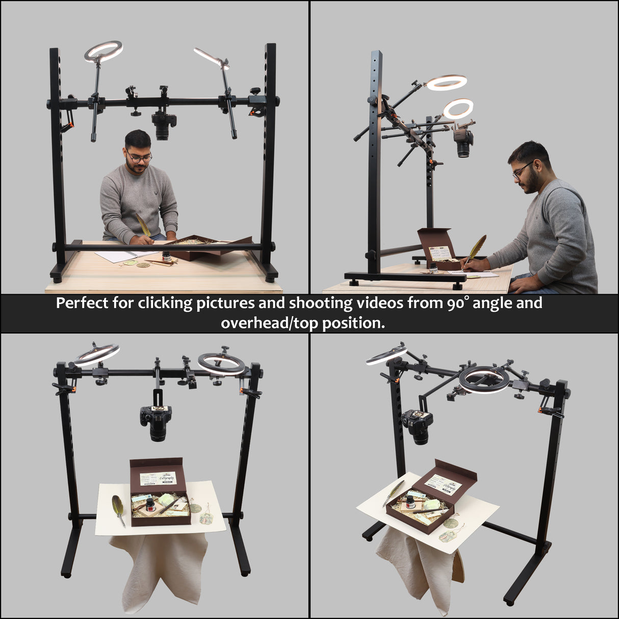 ISOMARS Photography Stand for Overhead Photos & Videos with Camera & Smartphone. Adjust at 10 Different Height. Two Light Holder and Bracket & Clips for Holding Background Sheets.