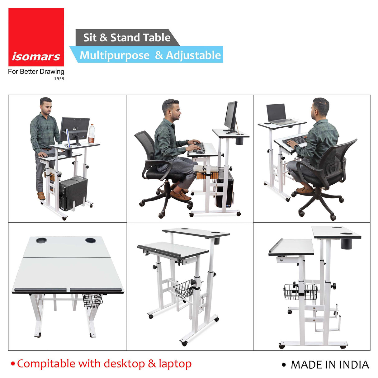 Isomars 24"/61cm Wide Made In India Desktop & Laptop Multipurpose Adjustable Table & Computer Workstation - Useful for Using Gadgets Like Desktop, Laptop, Tab/iPad etc (White)