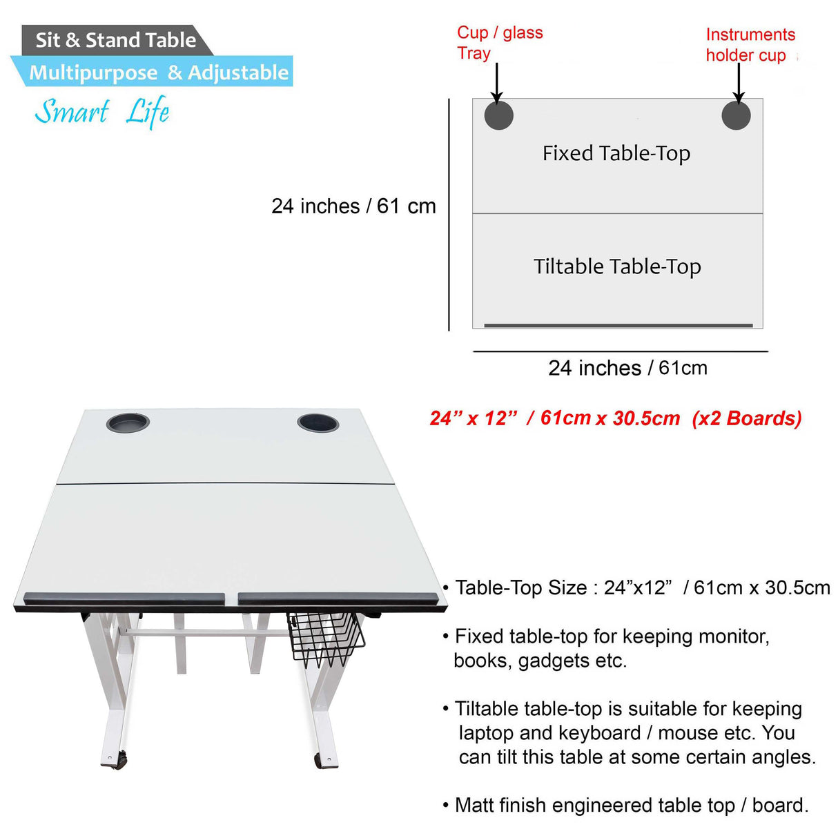 Isomars 24"/61cm Wide Made In India Desktop & Laptop Multipurpose Adjustable Table & Computer Workstation - Useful for Using Gadgets Like Desktop, Laptop, Tab/iPad etc (White)