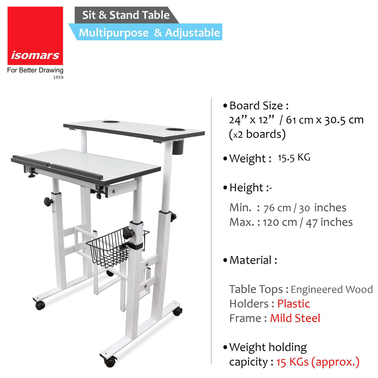Isomars 24"/61cm Wide Made In India Desktop & Laptop Multipurpose Adjustable Table & Computer Workstation - Useful for Using Gadgets Like Desktop, Laptop, Tab/iPad etc (White)