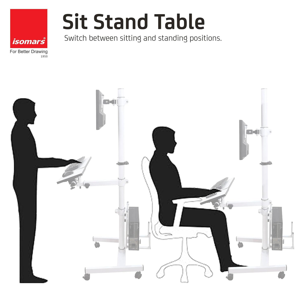 Isomars Computer Standing Desktop Workstation with Adjustable Monitor Mount | Sit Stand Table with Keyboard & Mouse Tray, CPU Holder & Wheels | Height Adjustable Ergonomic Office Desk (White)
