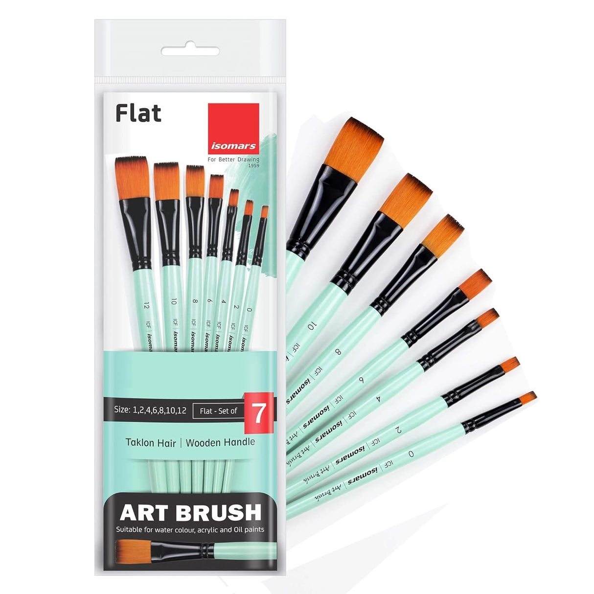Isomars Flat Paint Brush Set of 7 (0–12) | Professional Synthetic Artist Brushes for Acrylic, Watercolor & Oil Painting | Smooth Finish, No Streaks, Ideal for Artists, Students & Hobbyists