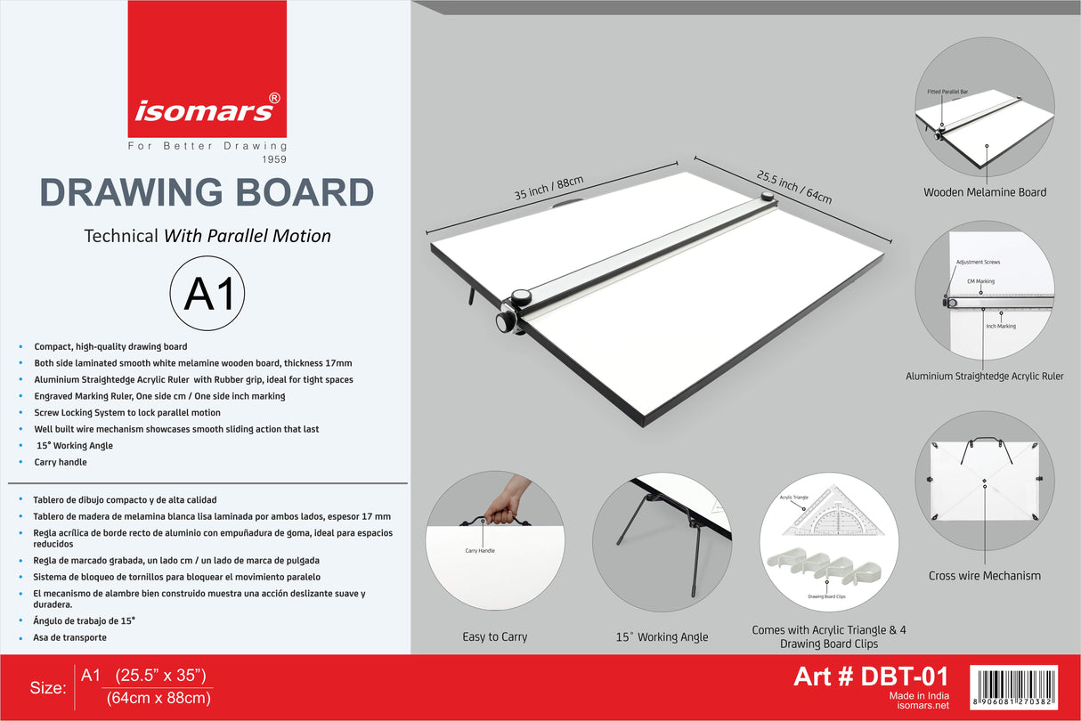 Isomars Professional drafting board with parallel ruler, foldable stand & carry handle for precise technical drawing