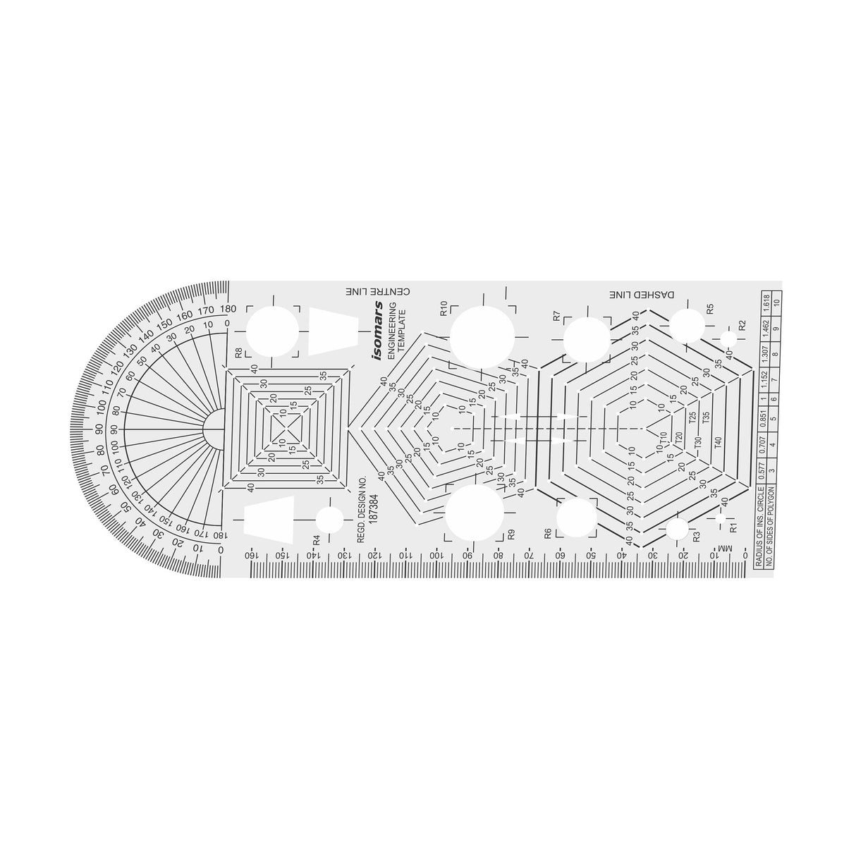 Isomars Engineering Template, Clear Plastic, 180° Protractor, Markings in cm/mm, for Engineering Students