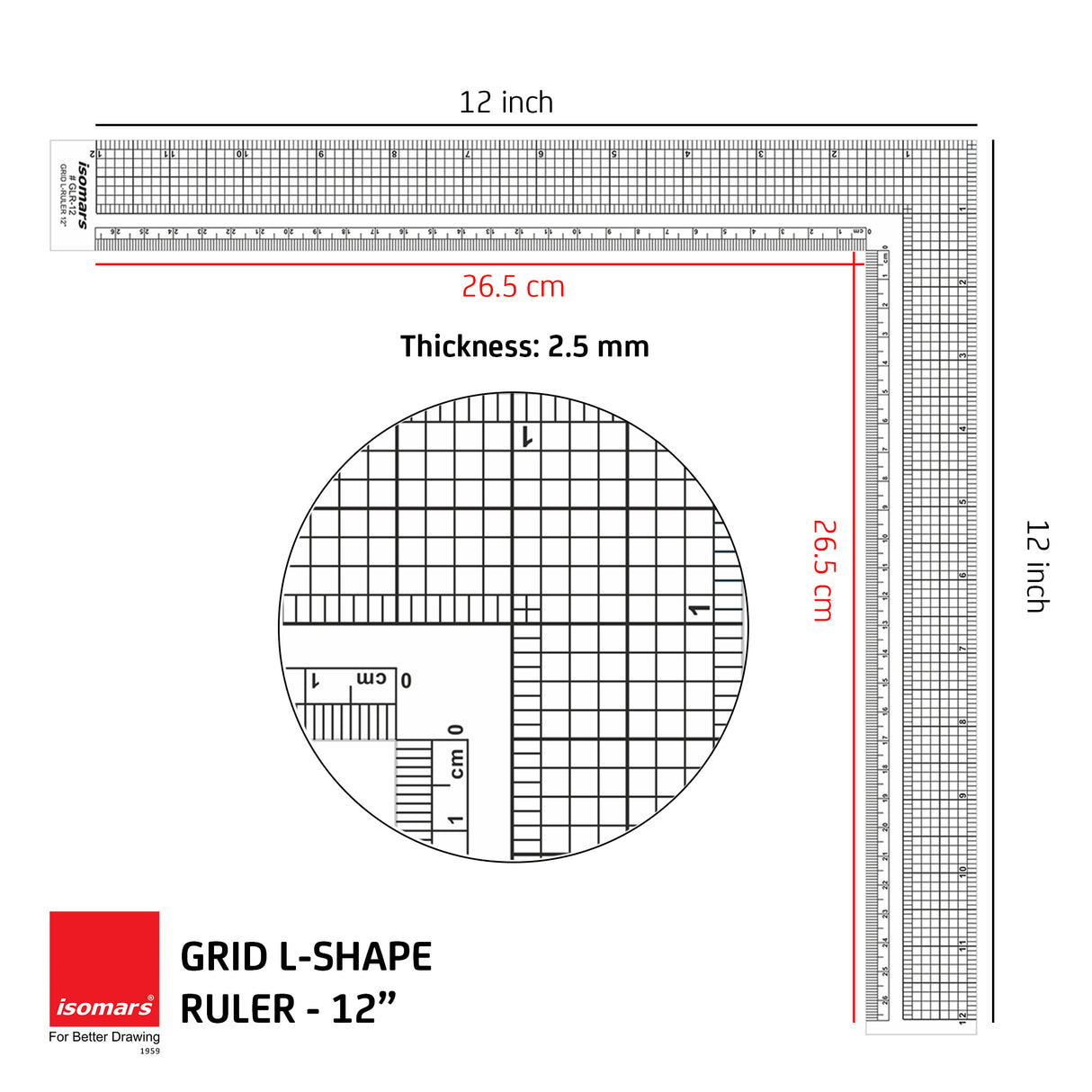 Isomars Grid L - Ruler 12" For Tailoring and General Purpose |Quilting Rulers for Fashion Designing
