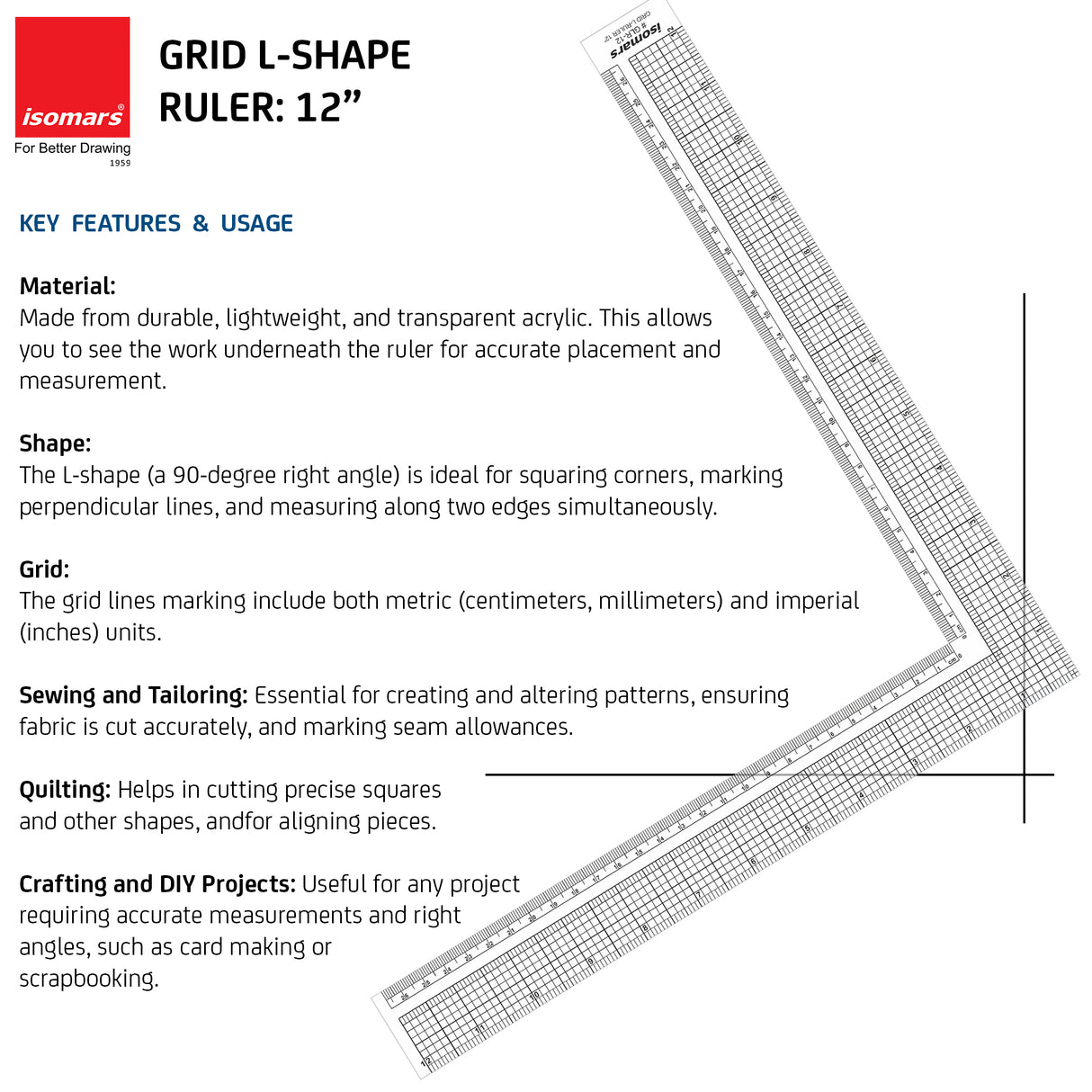 Isomars Grid L - Ruler 12" For Tailoring and General Purpose |Quilting Rulers for Fashion Designing