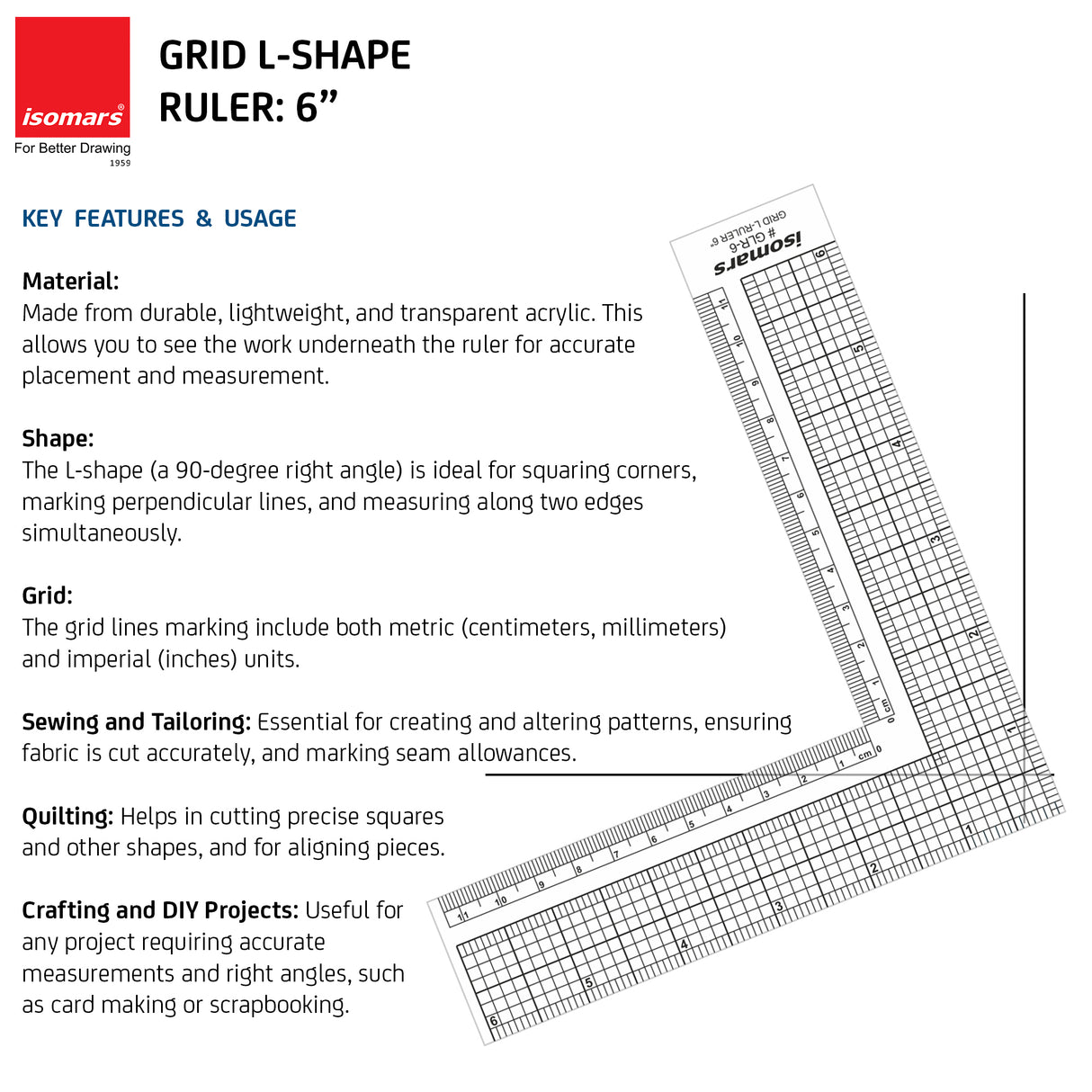 Isomars Grid L - Ruler 6" For Tailoring and General Purpose |Quilting Rulers for Fashion Designing
