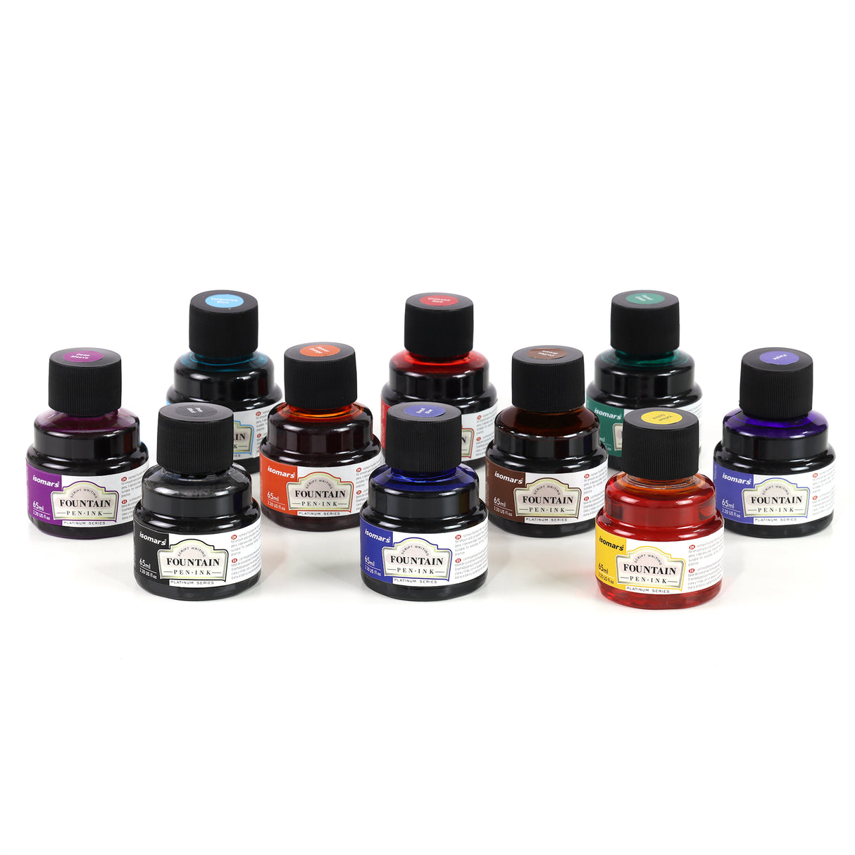 Isomars Fountain Pen Ink Set of 10 Colors, 65ml Each Bottle, Quick Drying, Non-Clogging Formula, Smooth Ink Flow, Vibrant Archival Inks for Fountain Pens, Calligraphy & Writing
