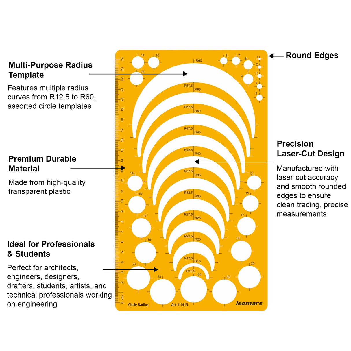 Isomars Circle Radius Template Ruler | Precision Drafting Stencil with Radius Curves R12.5-R60, Circle Templates & Metric Scale | Engineering, Architecture, Technical Drawing & Design Tool (150 x 257 mm)