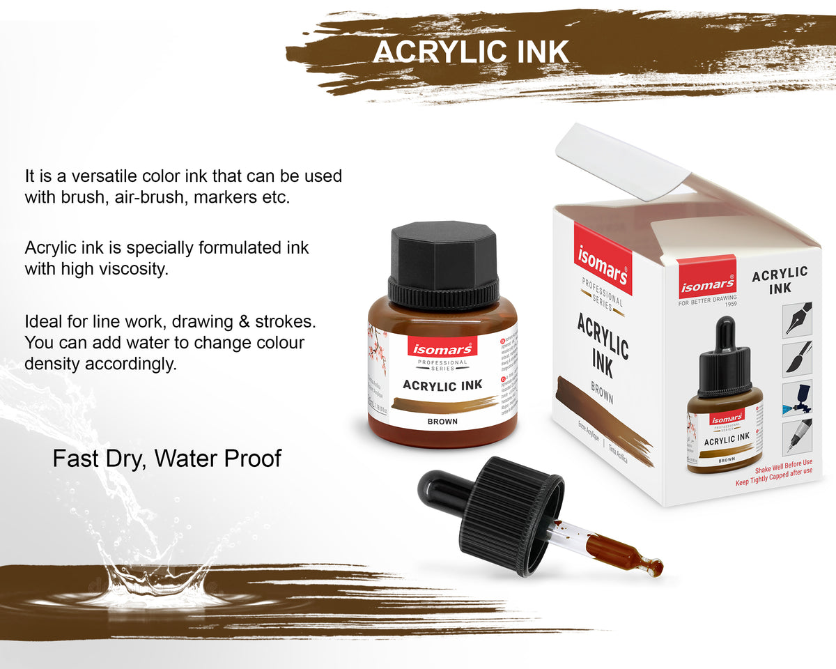 Isomars Professional Acrylic Ink Brown 35 ml Waterproof Dropper Bottle