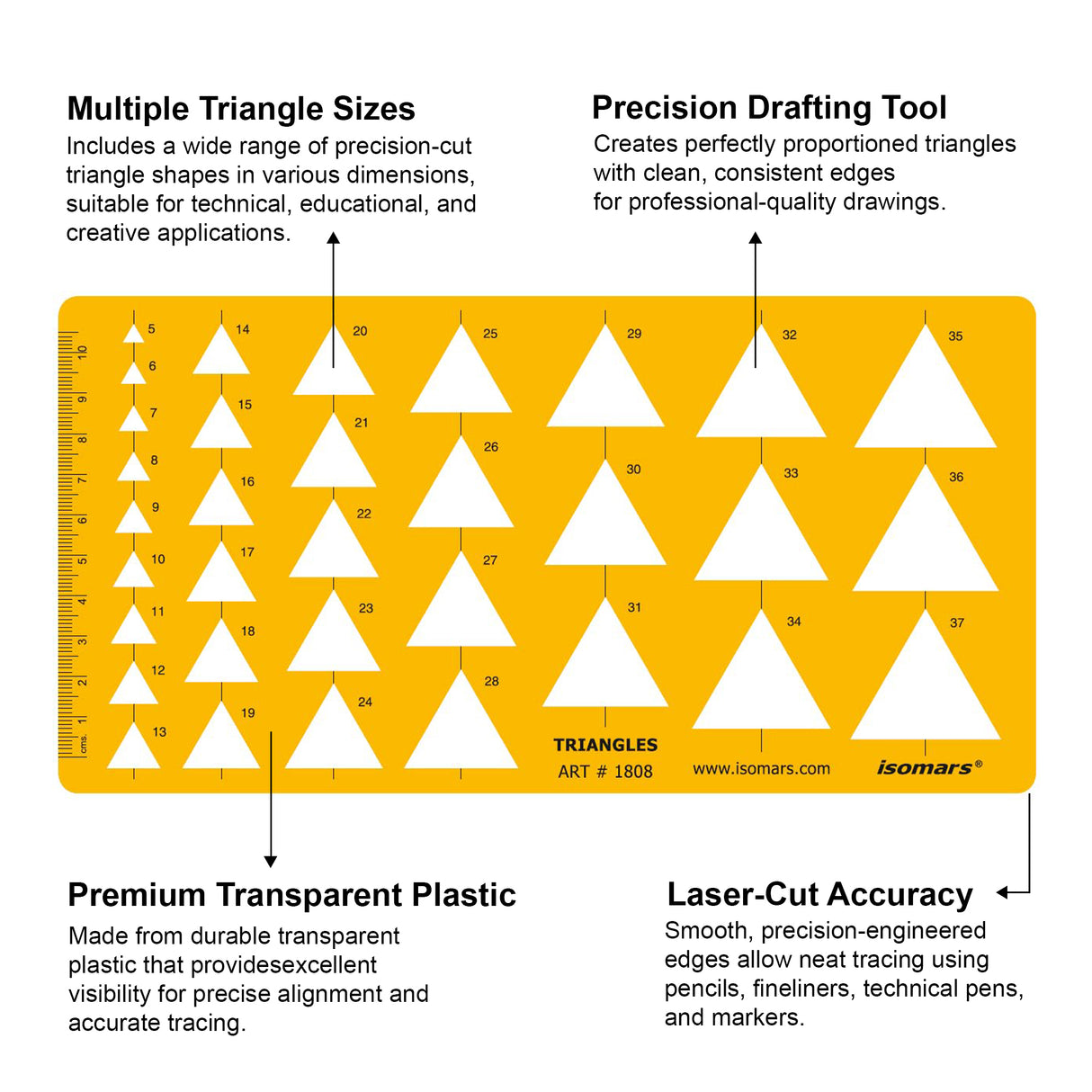 Isomars Triangle Template Drawing Stencil | Precision Geometric Triangle Drafting Template with Multiple Sizes | Technical Drawing Tool for Architects, Engineers, Designers, Artists & Students