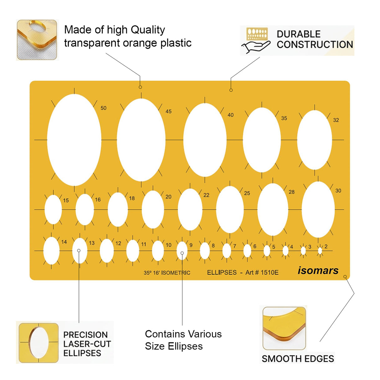 Isomars Isometric Ellipse Shapes Template 35°16' (Art No. 1510E) | Technical Drawing Stencil with 2-50mm Ellipses | Engineering, Architecture, Drafting & Design Tool