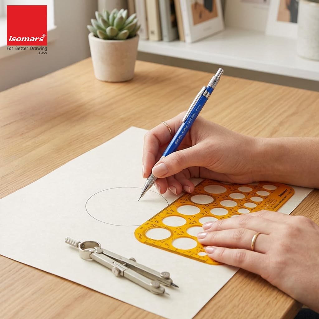 Isomars 45 Circles Drawing Template Stencil | Metric Circle Drafting Template with Built-in Scale | Transparent Plastic Geometry Drawing Tool for Architects, Engineers, Designers, Artists & Students