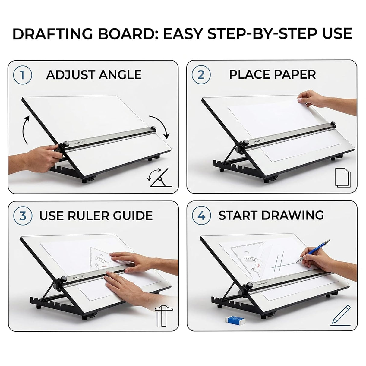Isomars Adjustable Angle Drawing Drafting Board Combo With 2MM Pencil & Adjustable Set Square - A2 Size - 18.5" x 25" | Ideal for Architects, Engineers, Designers & Artists Students and Professionals
