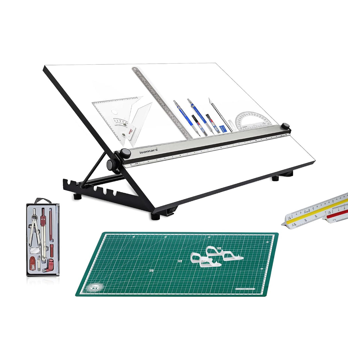 Isomars A2 Drawing Board Table Model Kit (Set of 10 Items) - Comes with 18.5" x 25" Drawing & Drafting Board Ideal for Architects, Engineers, Designers & Artists Students and Professionals
