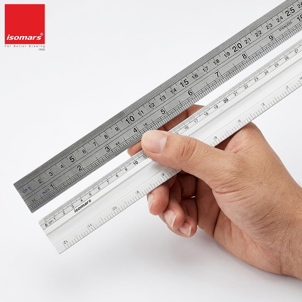 Isomars Aluminium Cutting Rulers Combo Set of 2 (12 Inch & 24 Inch) | Metal Cutting Scale with Inch & CM Markings | Non-Slip Edge for Precision Cutting, Drafting, Measuring & Craft Work