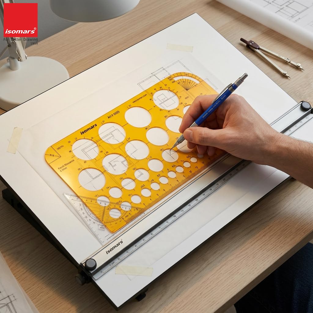 Isomars Circle Template Stencil with Multiple Diameter Sizes, Precision Geometry Drafting Tool with cm/mm Ruler, Degree Angle Guides & Smooth Round Edges for Students, Engineers, Architects & Designers