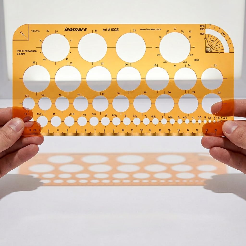 Isomars Circle Template Stencil with Multiple Diameter Sizes, Precision Geometry Drafting Tool with cm/mm Ruler, Degree Angle Guides & Smooth Round Edges for Students, Engineers, Architects & Designers