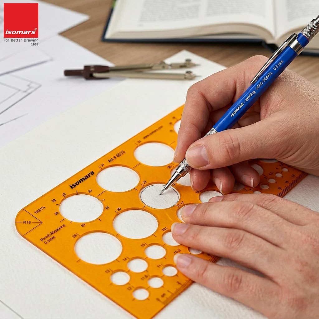 Isomars Circle Template Stencil with Multiple Diameter Sizes, Precision Geometry Drafting Tool with cm/mm Ruler, Degree Angle Guides & Smooth Round Edges for Students, Engineers, Architects & Designers