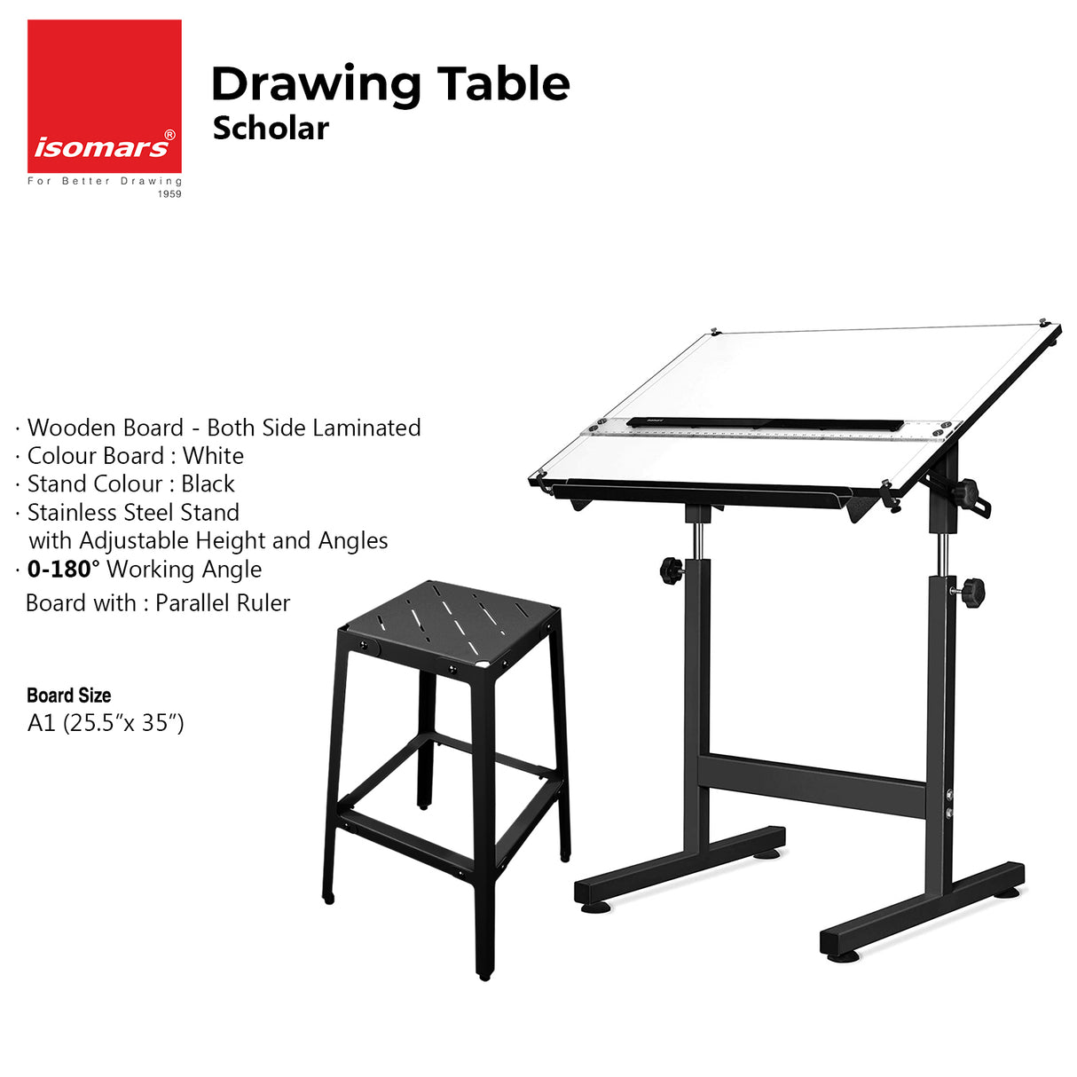 Isomars Drawing Drafting Board Table - Scholar with Parallel Ruler A1 White Laminated Board 25.5"x35" and Drafting Metal Stool Set | Complete Engineer, Draughtsman. Architects Drafting Set