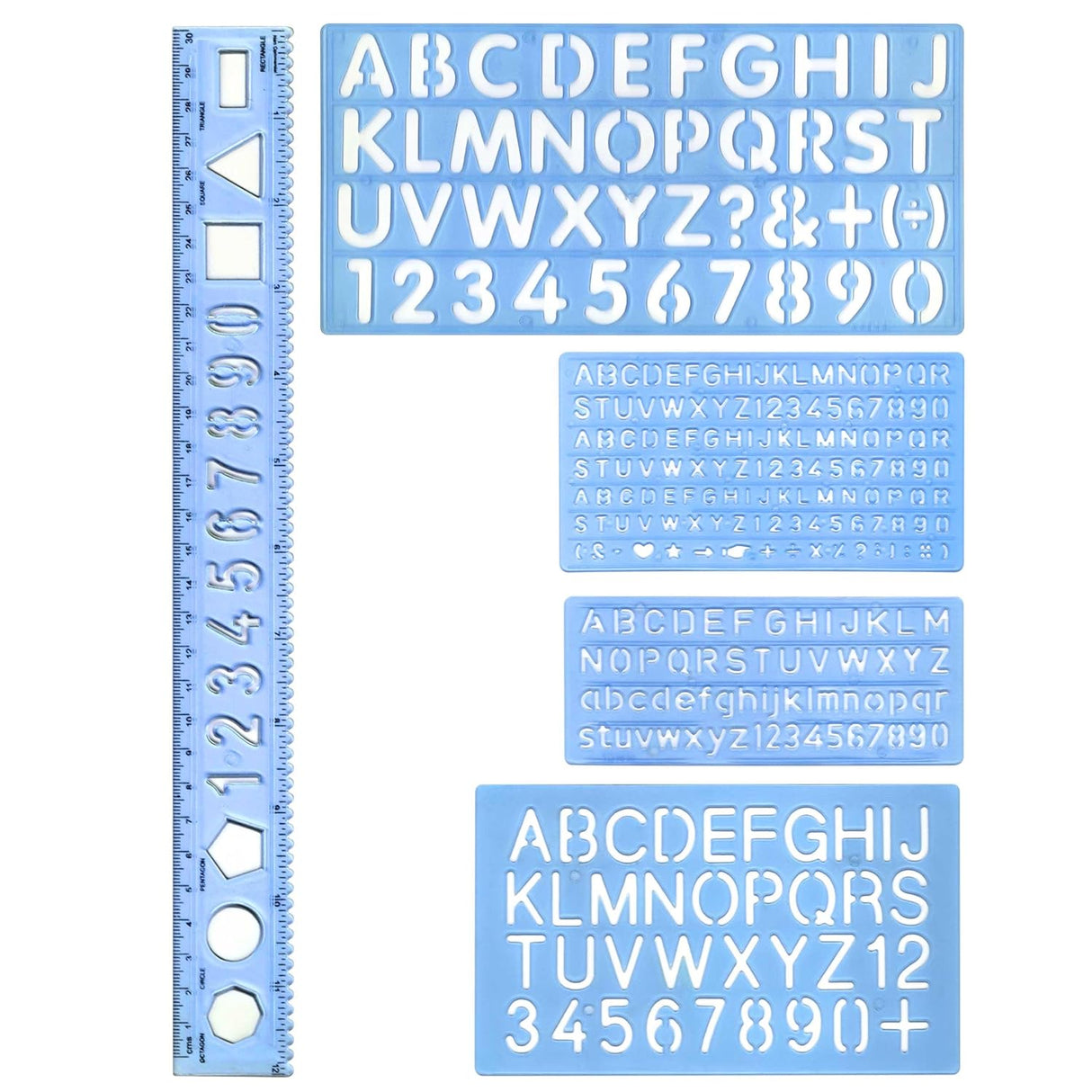 Isomars Lettering Stencil Set of 5, Reusable Alphabet & Number Templates with 4 Letter Stencils and 12 Inch Ruler, Uppercase, Lowercase, Symbols in 8mm, 10mm, 20mm & 30mm for Sign Making, DIY Crafts & School Projects