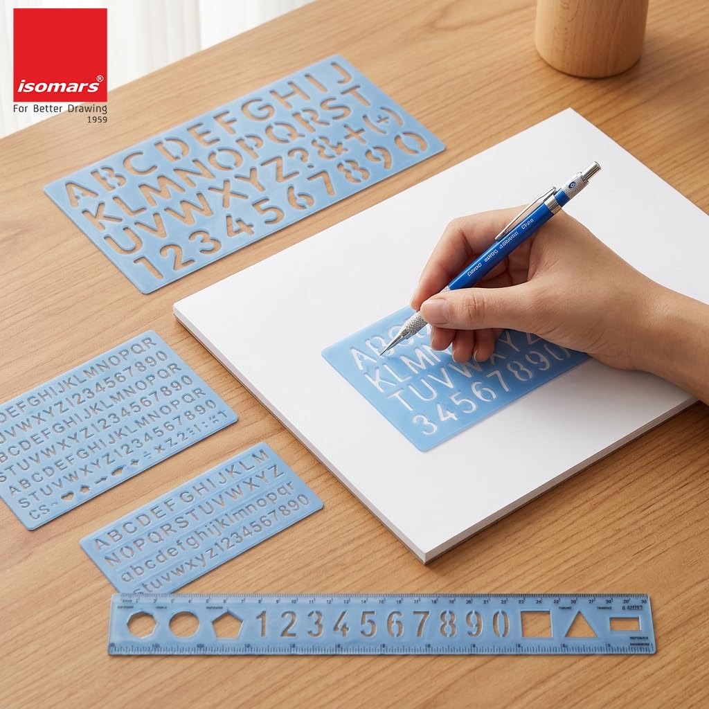 Isomars Lettering Stencil Set of 5, Reusable Alphabet & Number Templates with 4 Letter Stencils and 12 Inch Ruler, Uppercase, Lowercase, Symbols in 8mm, 10mm, 20mm & 30mm for Sign Making, DIY Crafts & School Projects