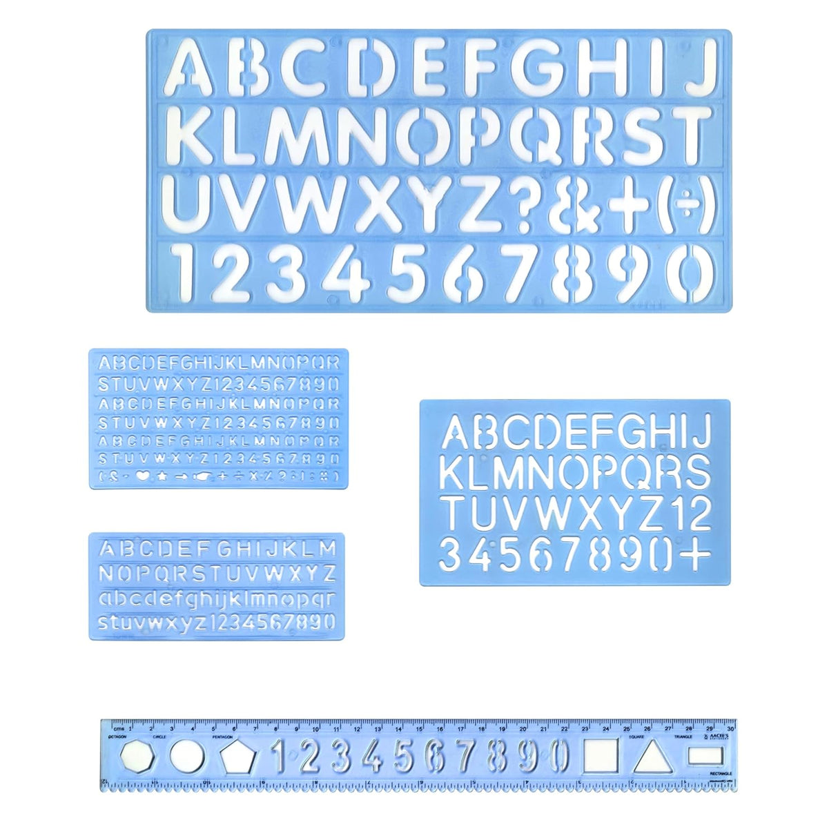 Isomars Lettering Stencil Set of 5, Reusable Alphabet & Number Templates with 4 Letter Stencils and 12 Inch Ruler, Uppercase, Lowercase, Symbols in 8mm, 10mm, 20mm & 30mm for Sign Making, DIY Crafts & School Projects