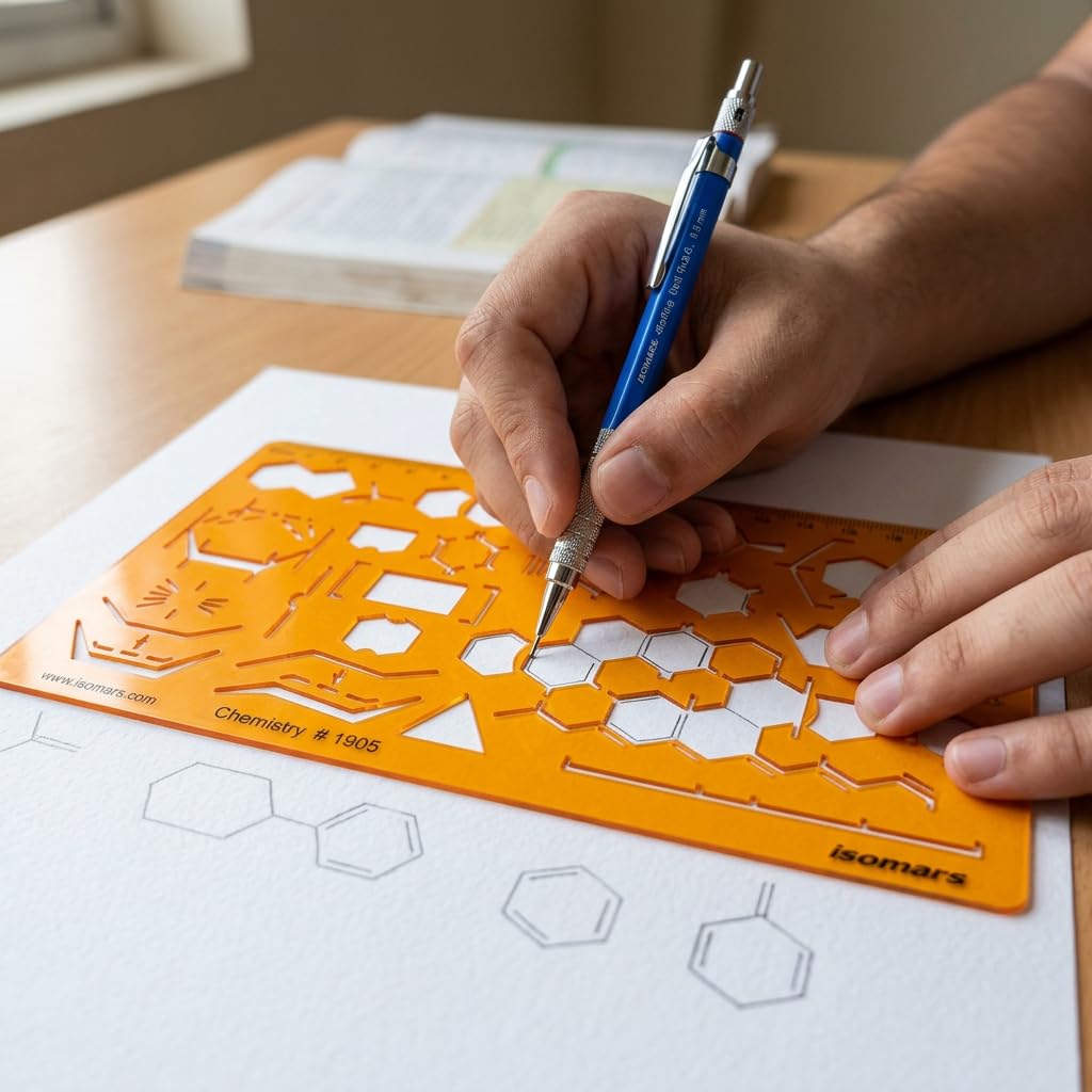 Isomars Organic Chemistry Drawing Template Stencil, Molecular Structure & Chemical Bond Diagram Tool with Benzene Rings, Hexagons, Reaction Symbols and cm/mm Ruler for Students, Chemistry Practicals & Scientific Drafting
