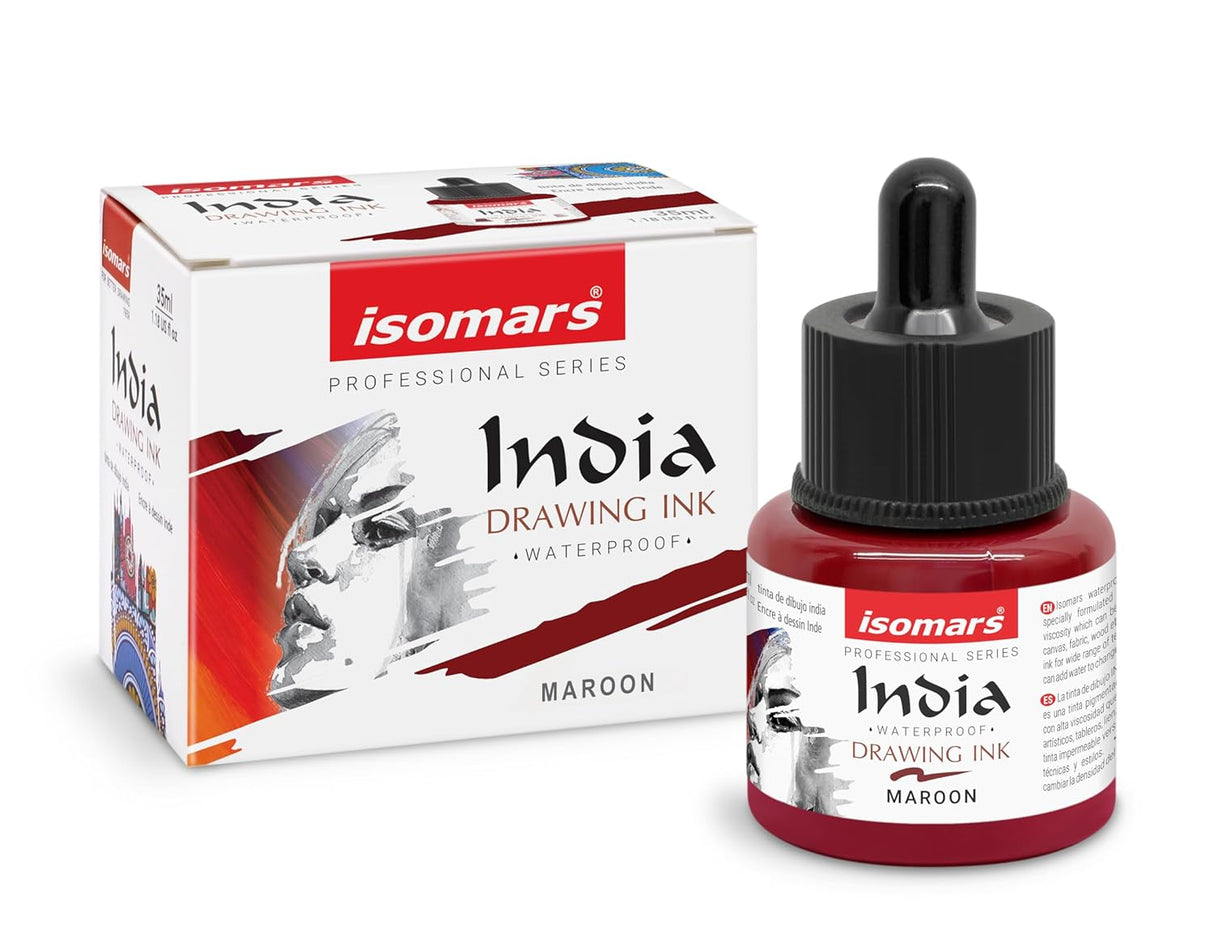 Isomars Waterproof Drawing Ink with Dropper 35ml Maroon India Ink Bottle