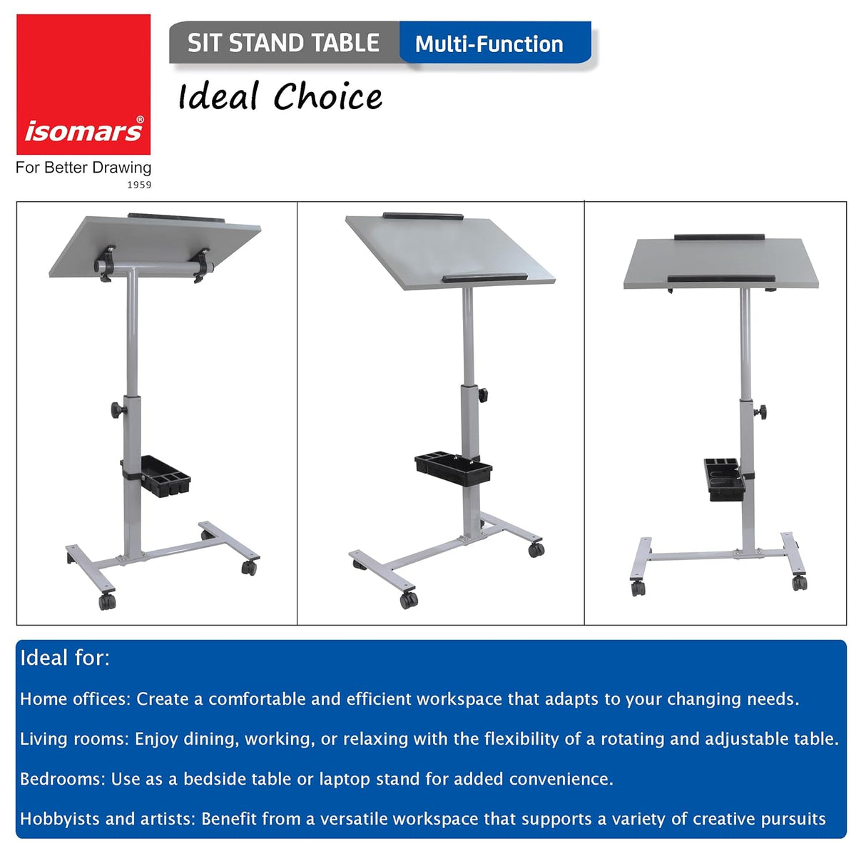 Isomars Engineered Wood Standing Table | Adjustable Height & Angle Multipurpose Laptop Study Desk with Lockable Wheels | Sit Stand WFH, Online Class, Breakfast & Bedside Table (Grey)