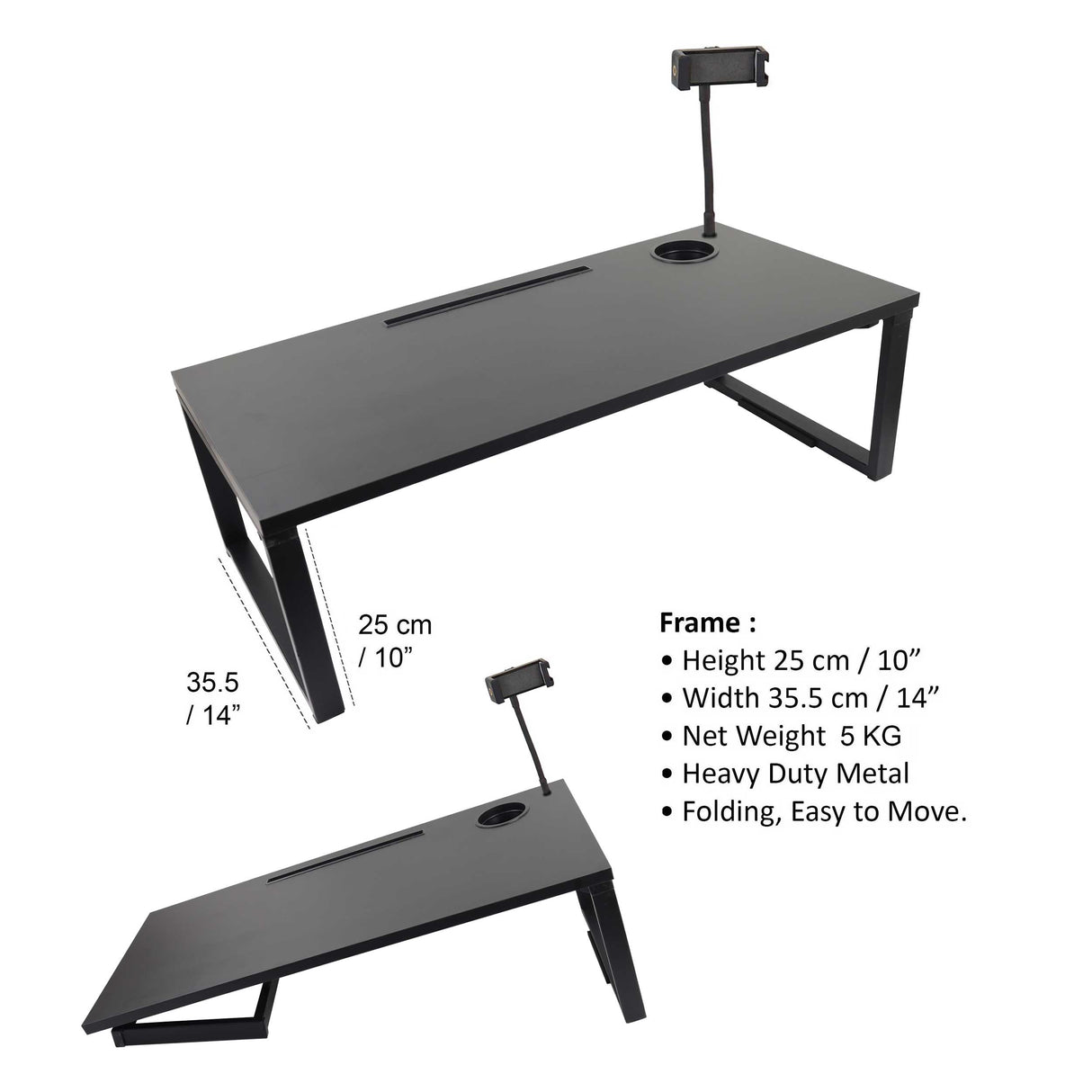 Isomars Bed Desk/Floor Desk with Mobile Holder 76cm x 35.5cm (30" x 14") Laptop Study Table for Work from Home, Online Classes, Card Games and Kid's Activities (Black)