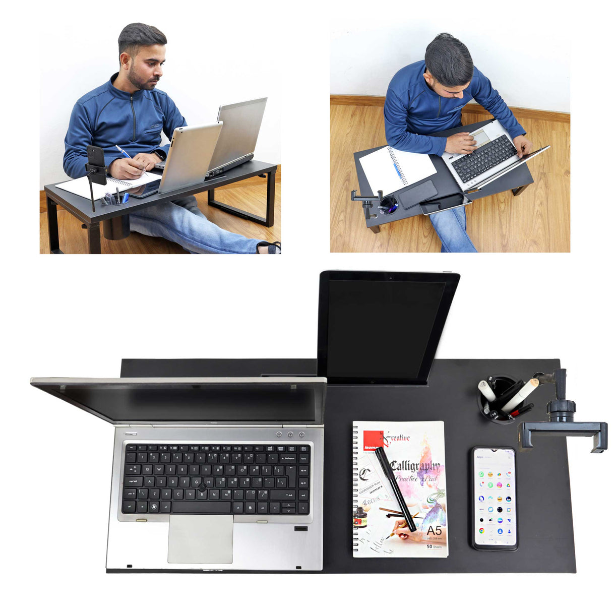 Isomars Bed Desk/Floor Desk with Mobile Holder 76cm x 35.5cm (30" x 14") Laptop Study Table for Work from Home, Online Classes, Card Games and Kid's Activities (Black)