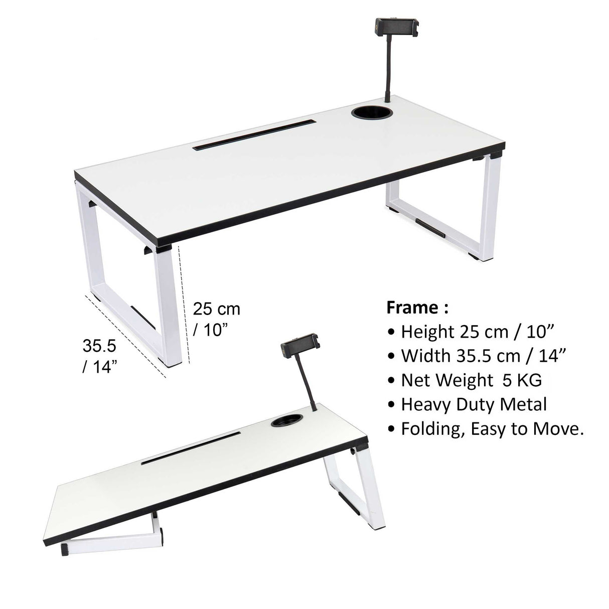 Isomars Bed Desk/Floor Desk with Mobile Holder 76cm x 35.5cm (30" x 14") Laptop Study Table for Work from Home, Online Classes, Card Games and Kid's Activities (White)