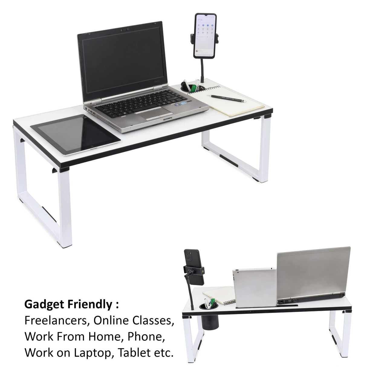 Isomars Bed Desk/Floor Desk with Mobile Holder 76cm x 35.5cm (30" x 14") Laptop Study Table for Work from Home, Online Classes, Card Games and Kid's Activities (White)