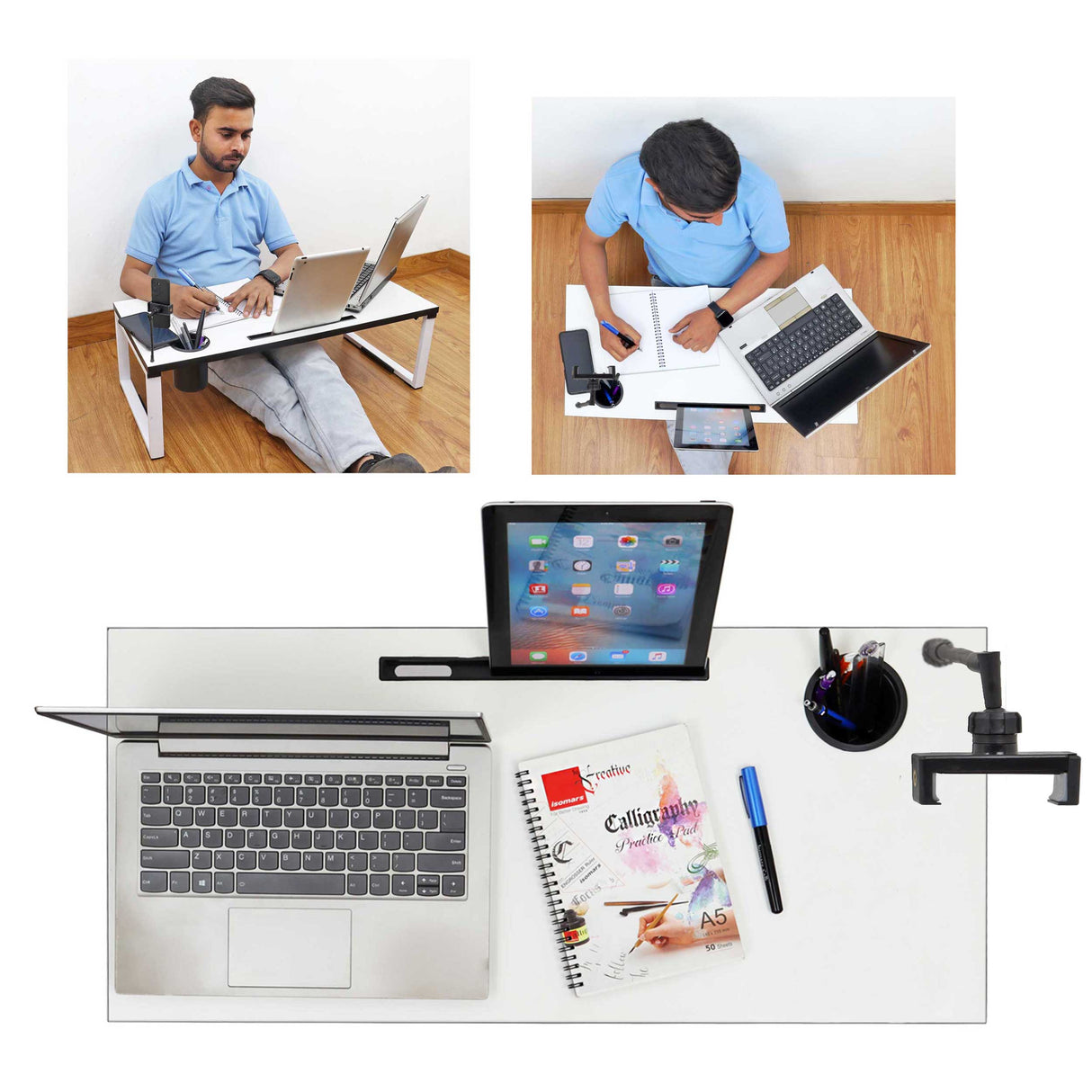 Isomars Bed Desk/Floor Desk with Mobile Holder 76cm x 35.5cm (30" x 14") Laptop Study Table for Work from Home, Online Classes, Card Games and Kid's Activities (White)