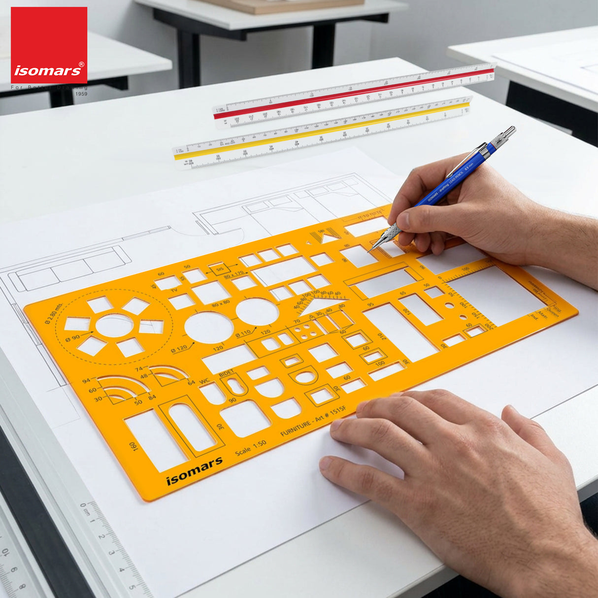 Isomars Architect Furniture Template Scale 1:50 | Professional Interior Design & Furniture Layout Drafting Stencil | Transparent Drawing Template for Architects, Interior Designers, Engineers & Students