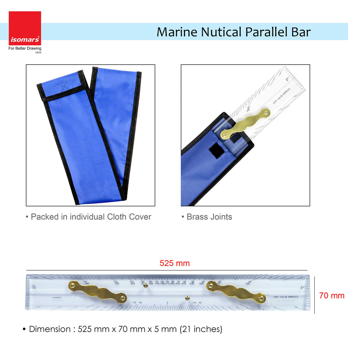 Isomars Marine/Nautical Parallel Bar - Professional 21'' - Comes in Protective Cloth Bag (Ruler-21")