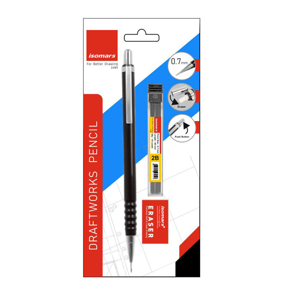 Isomars Mechanical Pencil 0.7mm - (DRAFTING) with Leads & Eraser - Black