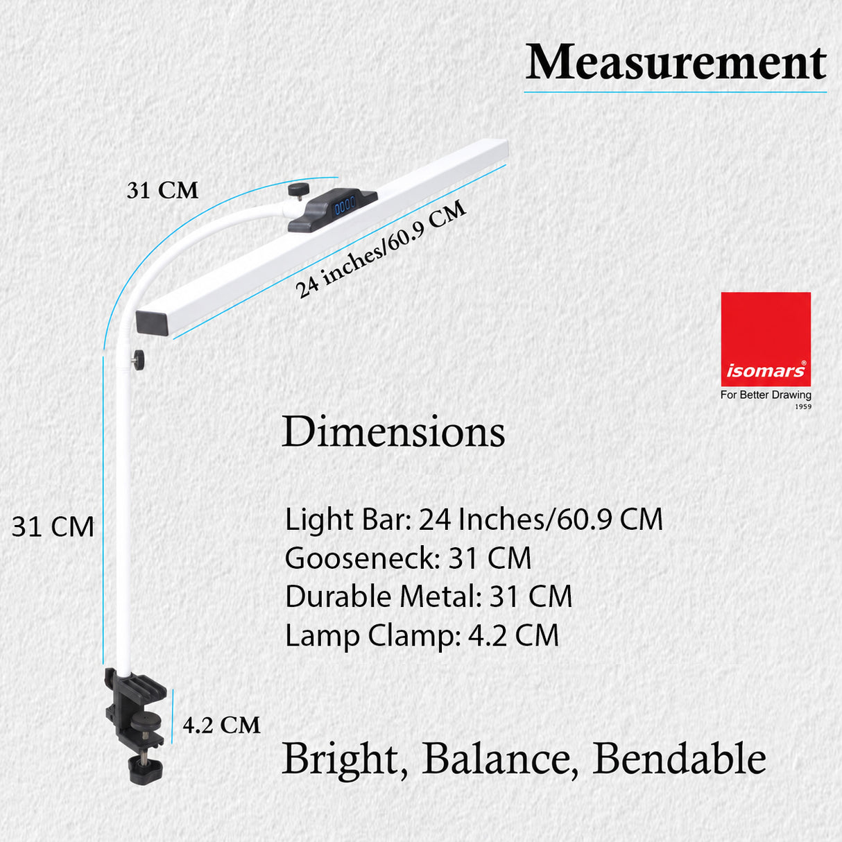 Isomars LED Desk Lamp for Computer Monitor & Laptop with Clamp 24 Inch | Eye Friendly USB Study Light, 3 Color Modes, 10 Brightness Levels for Reading, Studying, Working (White)
