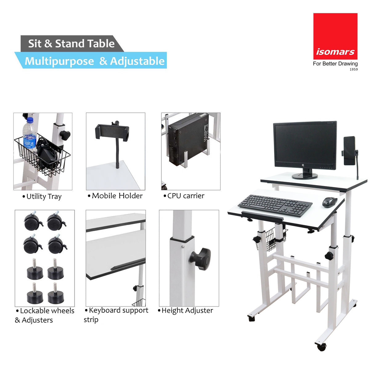 Isomars 24"/61cm Wide Made In India Desktop & Laptop Multipurpose Adjustable Table & Computer Workstation - Useful for Using Gadgets Like Desktop, Laptop, Tab/iPad etc (White)