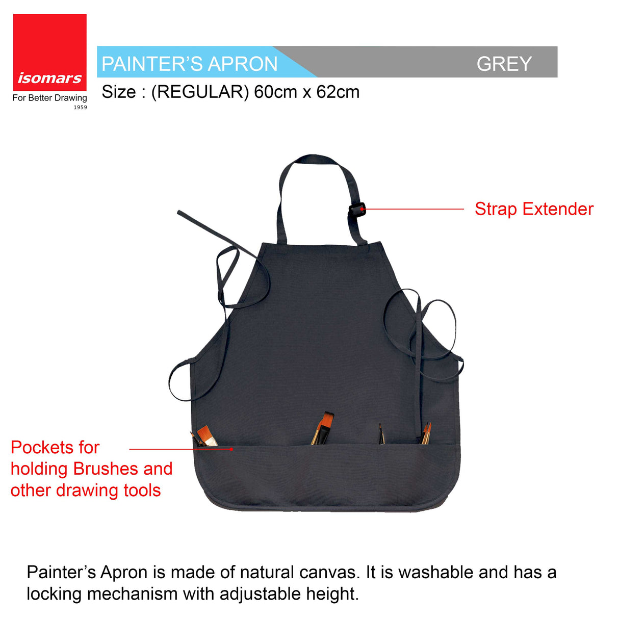 Isomars Canvas Painter's Apron with Adjustable Strap & Tool Pockets for brushes, tools, and art supplies