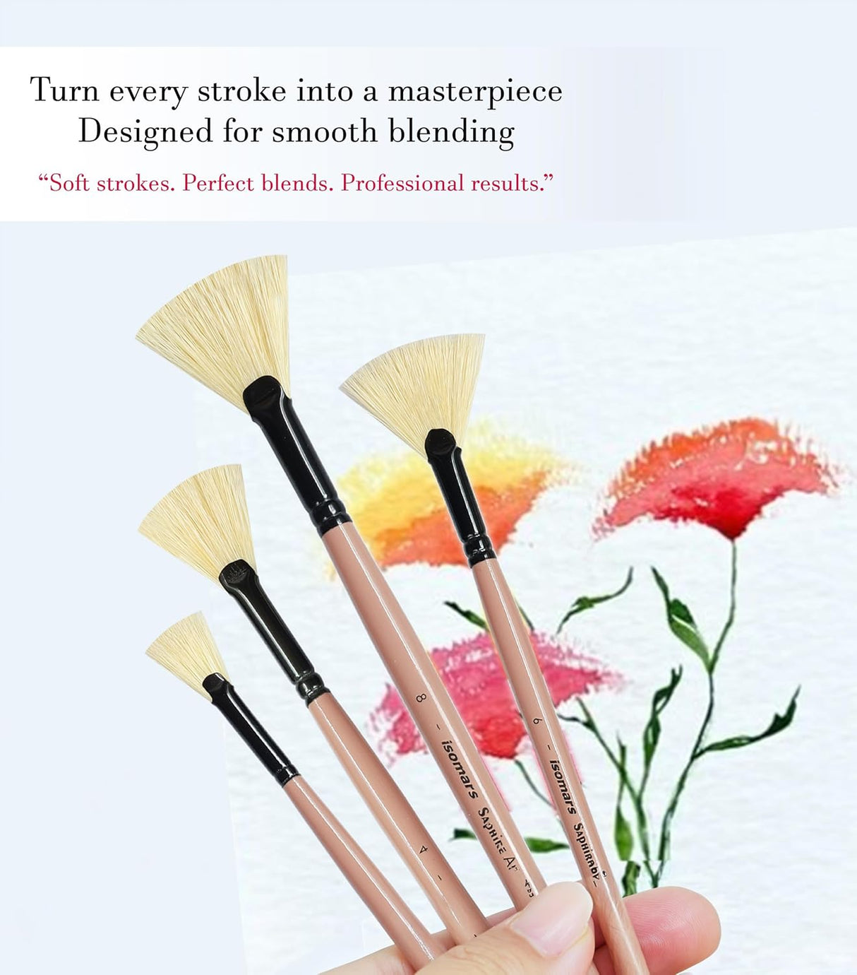 Saphire Fan Paint Brush Set of 4 | Professional Taklon Synthetic Long Handle Artist Brushes for Blending, Texture, Foliage & Cloud Effects | Acrylic, Watercolor, Oil, Gouache & Craft Painting