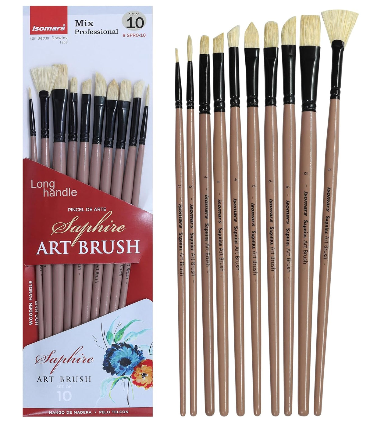 Saphire Professional Paint Brush Set of 10 | Mixed Long Handle Hog Hair Artist Brushes for Acrylic & Oil Painting | Filbert, Fan, Angular, Flat, Round, Deer Foot, Dagger, Cat’s Tongue Canvas Brush Set