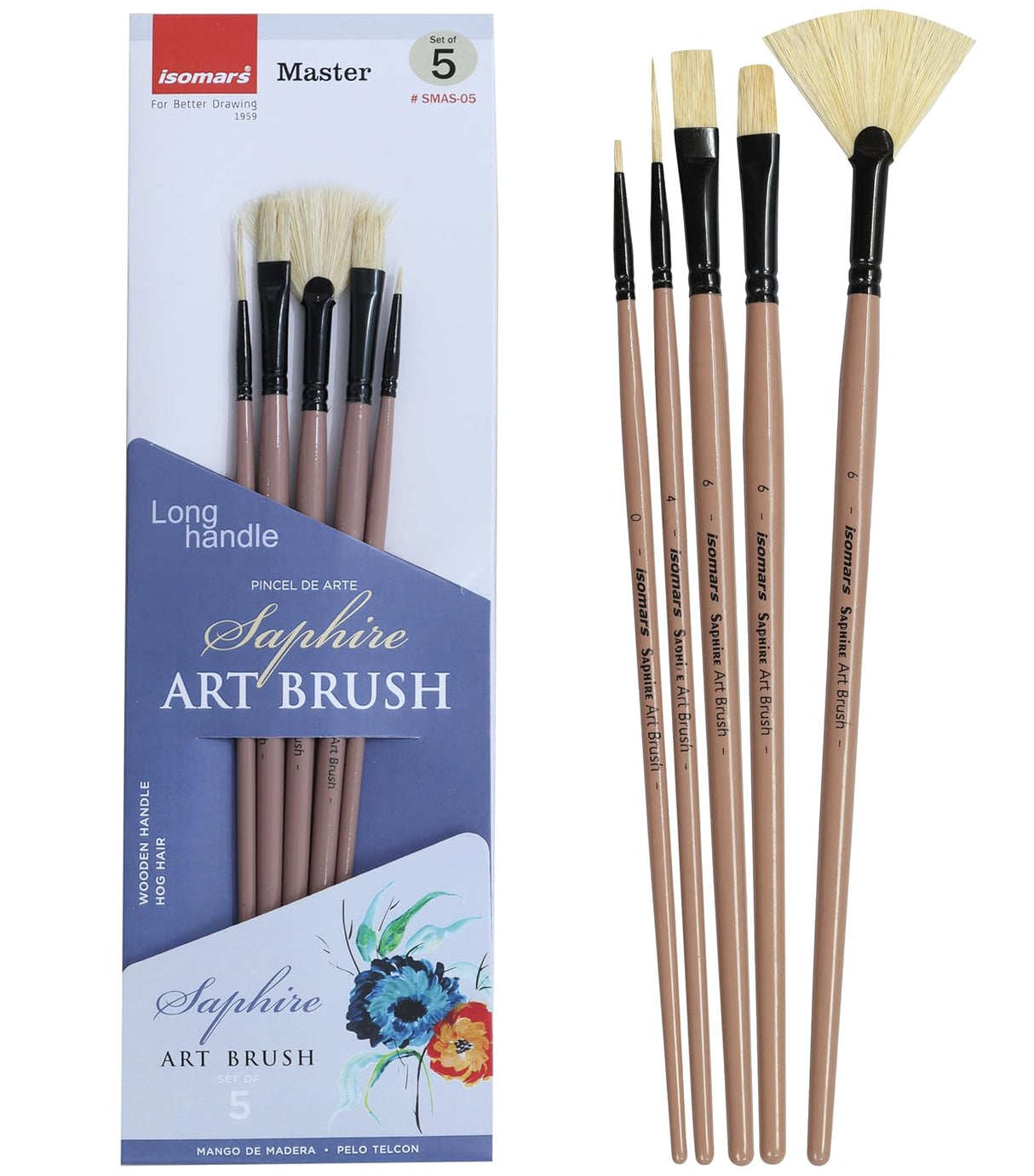 Saphire Master Paint Brush Set of 5 Professional Hog Hair Long Handle Artist Brushes