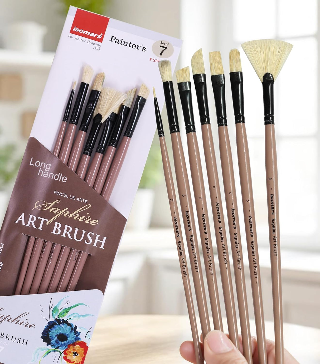 Saphire Painter’s Paint Brush Set of 7 Professional Hog Hair Long Handle Artist Brushes