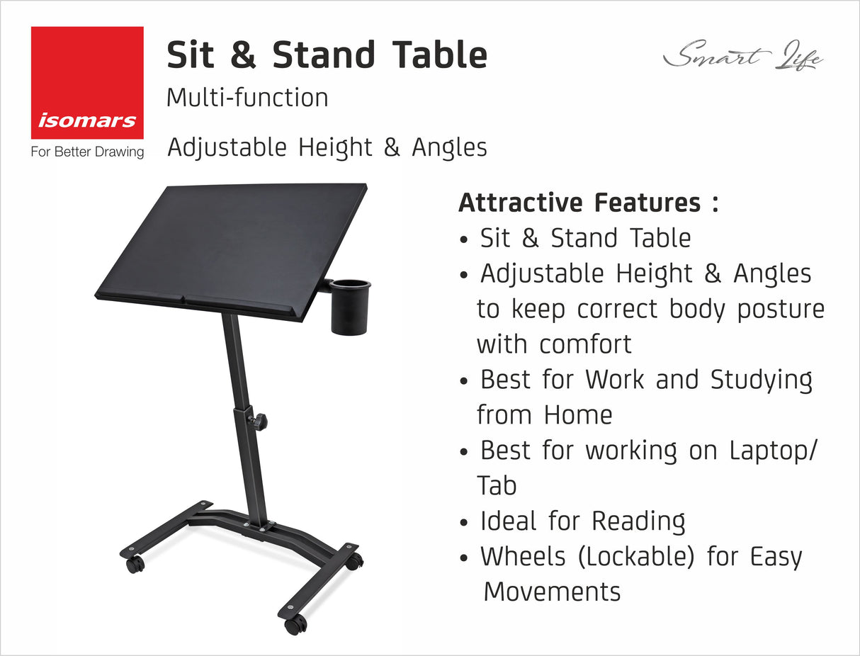 Isomars Metal Multipurpose Laptop Table Study Desk, Caster Lockable Wheels, & Height Adjustable For Breakfast Table, Work From Home & Online Classes (Black)