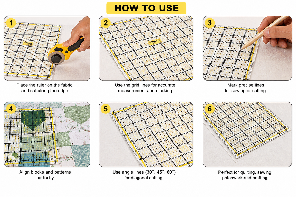 Transparent 12x12 Quilting Ruler for Accurate Fabric Measuring and Cutting