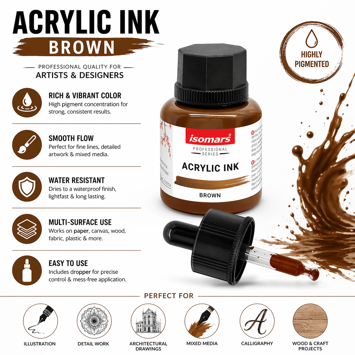 Acrylic Ink Brown 35ml | Waterproof Fast-Drying Artist Ink for Calligraphy, Painting, Airbrush & Mixed Media Art - Isomars